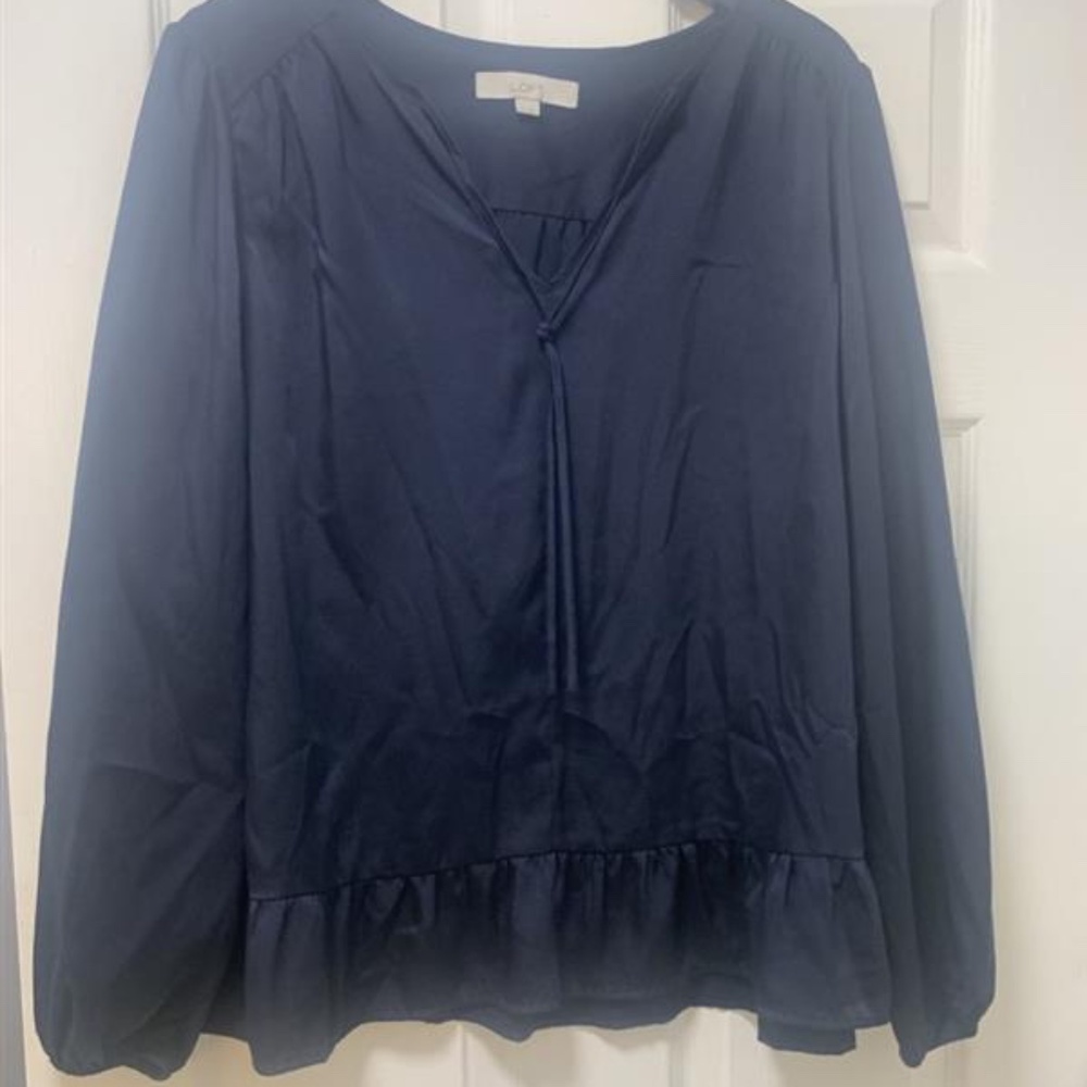LOFT Long Sleeve Tie Neck Peplum Blouse - XL Navy